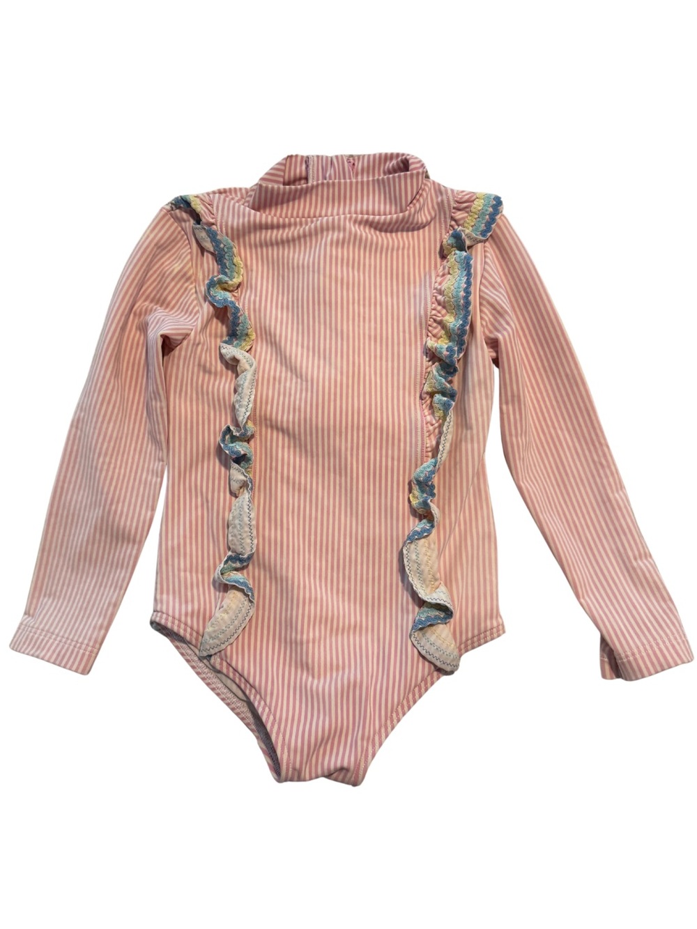Mini Boden Frill Long Sleeve Striped One-Piece Rashguard Swimsuit Pink 3-4 Years